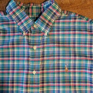 Ralph Lauren Classic Fit Plaid Dress Shirt Size XL Blue Pink  EUC 100% Cotton